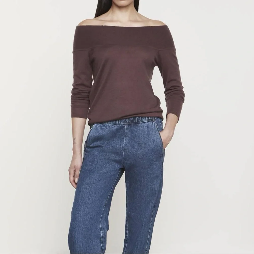 Enza Costa Tissue Wool/Cashmere Exposed Shoulder Sweater Brown NWOT Size Medium - Picture 1 of 7